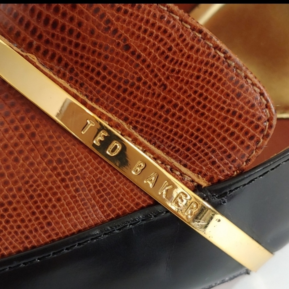 Ted Baker Two-Tone Black and Brown Pointed Toe Heels with Gold Bar - Picture 4 of 12
